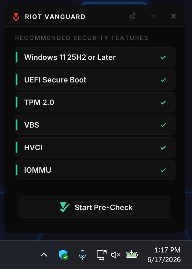Riot Vanguard Pre-Check panel showing Windows 11 25H2, Secure Boot, TPM 2.0, VBS, HVCI and IOMMU checks