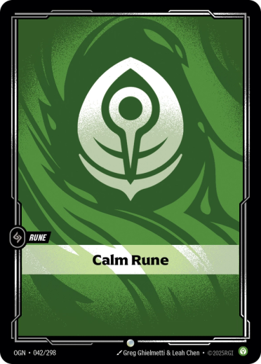 The Calm Rune from Riftbound. It is a green card with 'a symbol resembling a leaf', as described in the Core Rules.