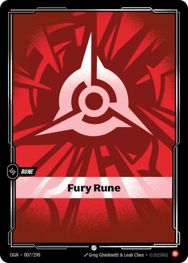 The Fury Rune from Riftbound. It is a red card with 'a circular symbol with three projecting points', as described in the Core Rules.