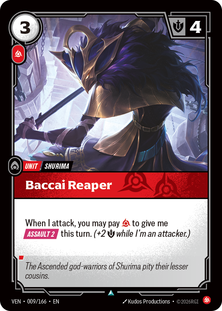Baccai Reaper — Riftbound Unit: Baccai Reaper. When I attack, you may pay [C] to give me [Assault 2] this turn. (+2 [S] while I'm an attacker.)