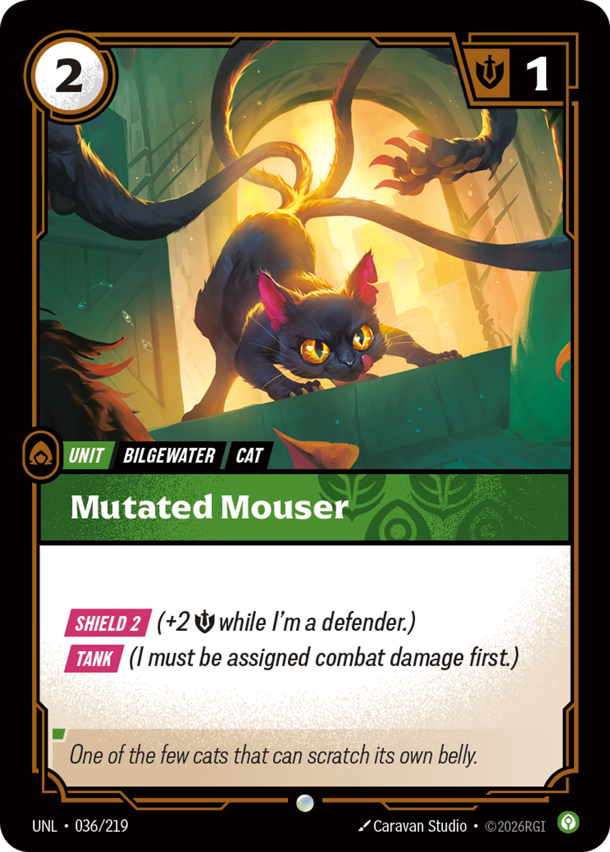 Riftbound Unit: Mutated Mouser. [Shield 2] (+2 [S] while I'm a defender.)
[Tank] (I must be assigned combat damage first.)