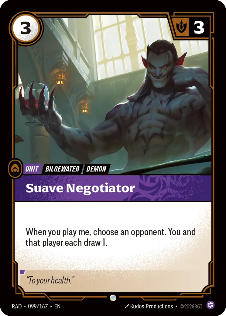 Riftbound Unit: Suave Negotiator. When you play me, choose an opponent. You and that player each draw 1.