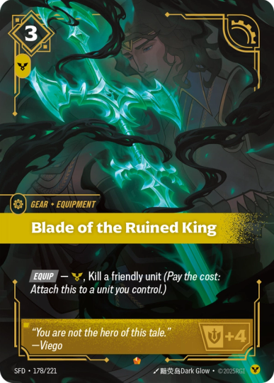 Riftbound Gear: Blade of the Ruined King. [Equip] — [C], Kill a friendly unit (Pay the cost: Attach this to a unit you control.)