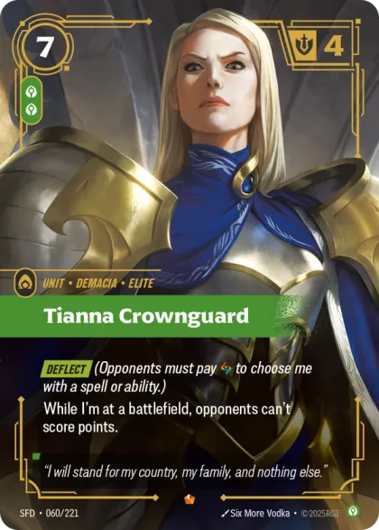 Riftbound Unit: Tianna Crownguard. [Deflect] (Opponents must pay [A] to choose me with a spell or ability.)
While I'm at a battlefield, opponents can't score points.