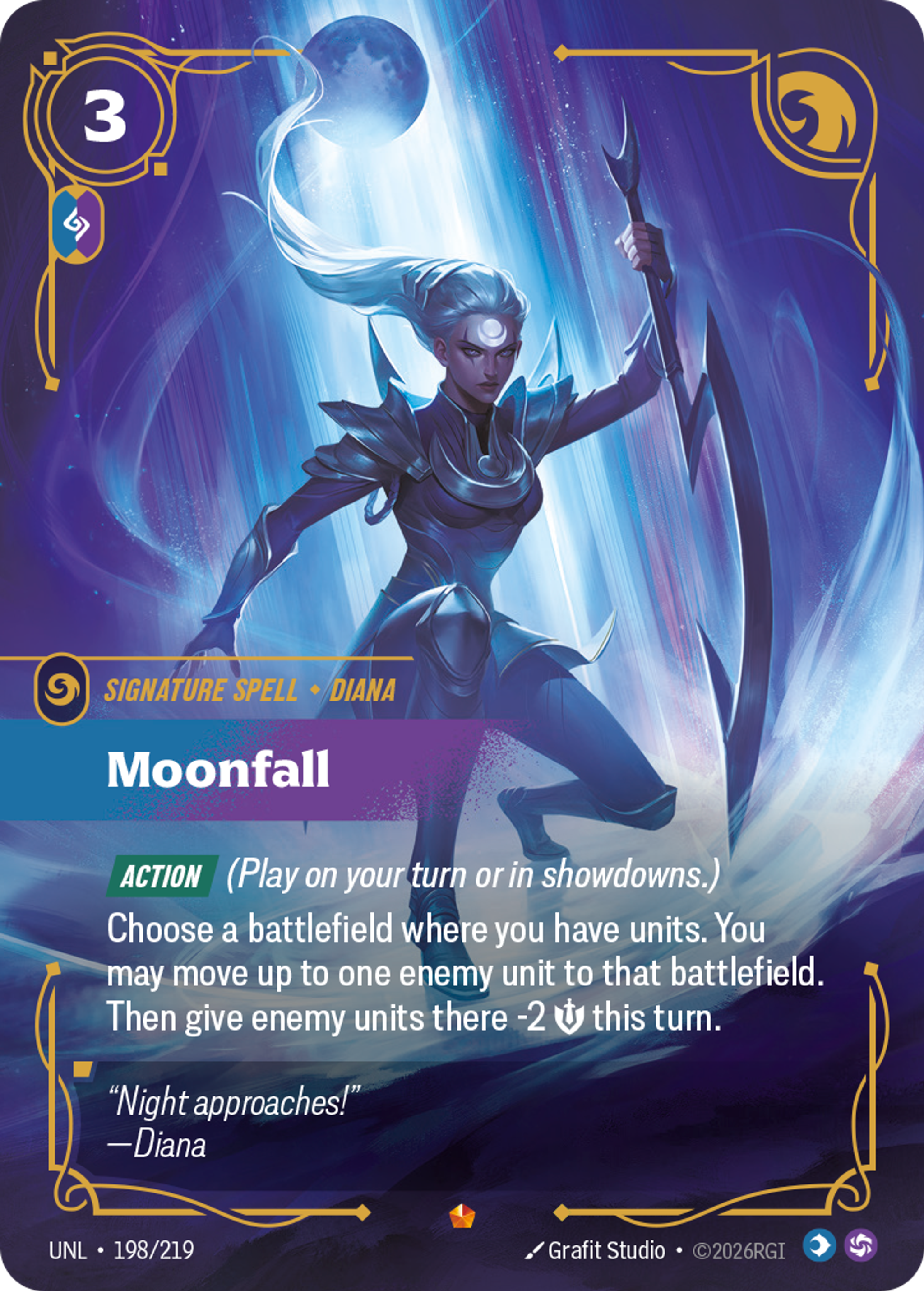 Riftbound Spell: Moonfall. [Action] (Play on your turn or in showdowns.)
Choose a battlefield where you have units. You may move up to one enemy unit to that battlefield. Then give enemy units there -2 [S] this turn.