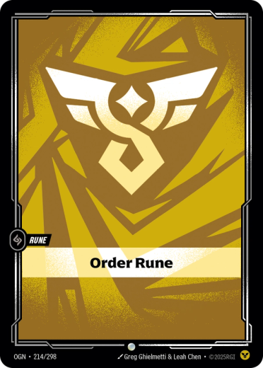 The Order Rune from Riftbound. It is a yellow card with 'an angular winged symbol', as described in the Core Rules.