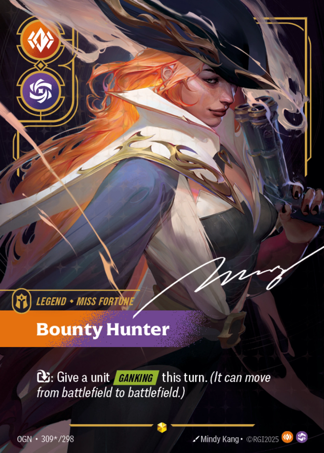 Riftbound Legend: Bounty Hunter. [T]: Give a unit [Ganking] this turn. (It can move from battlefield to battlefield.)