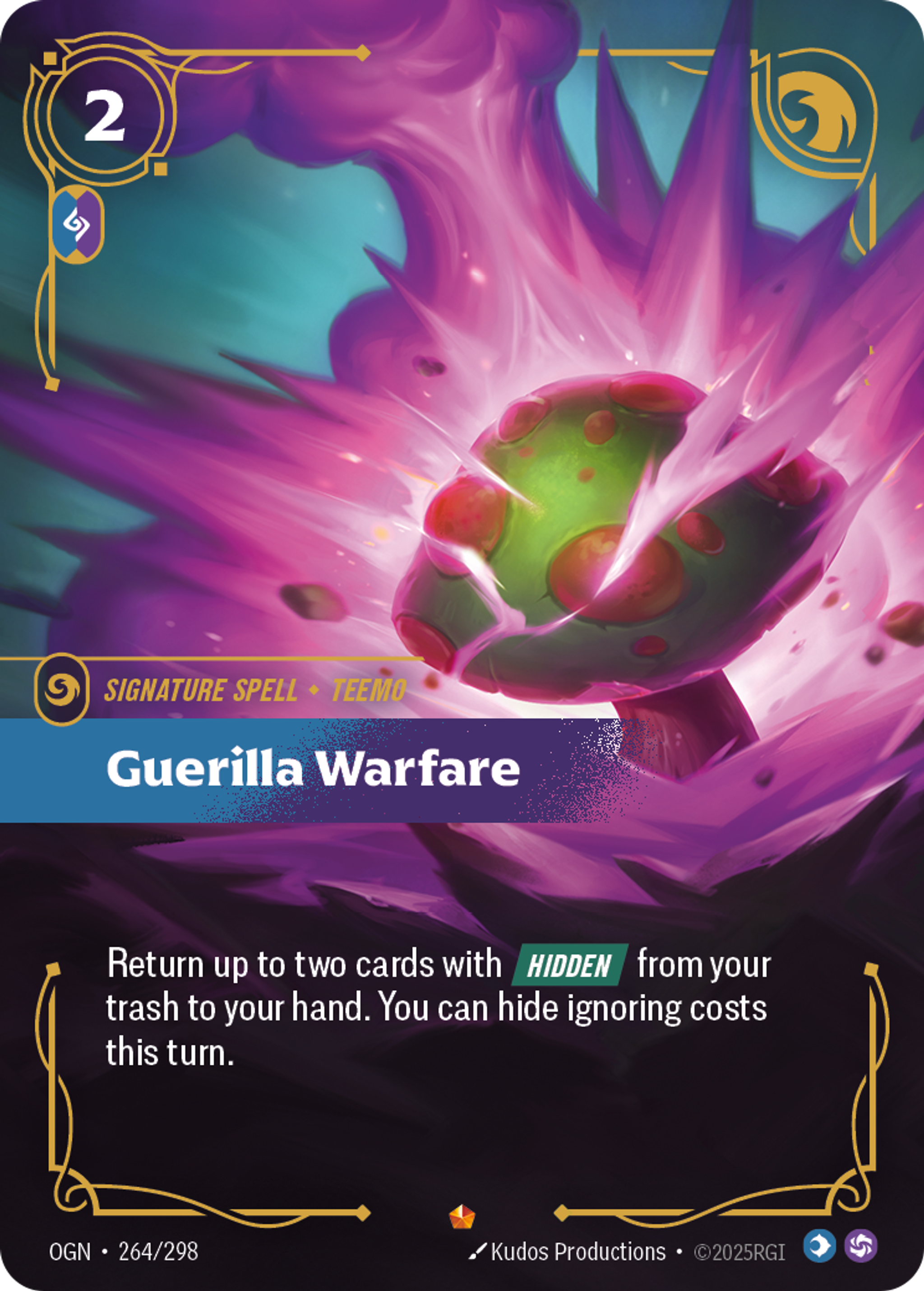 Riftbound Spell: Guerilla Warfare. Return up to two cards with [Hidden] from your trash to your hand. You can hide cards ignoring costs this turn.