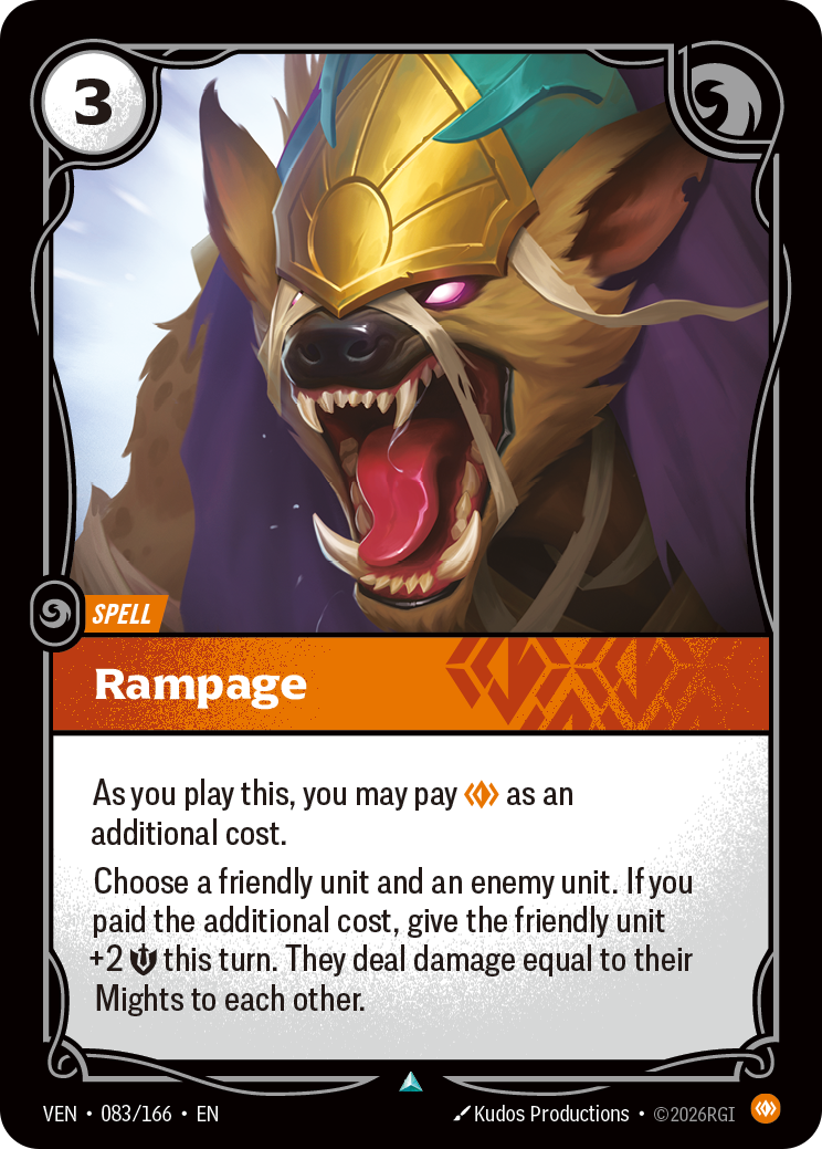 Rampage — Riftbound Spell: Rampage. As you play this, you may pay [C] as an additional cost.
Choose a friendly unit and an enemy unit. If you paid the additional cost, give the friendly unit +2 [S] this turn. They deal damage equal to their Mights to each other.