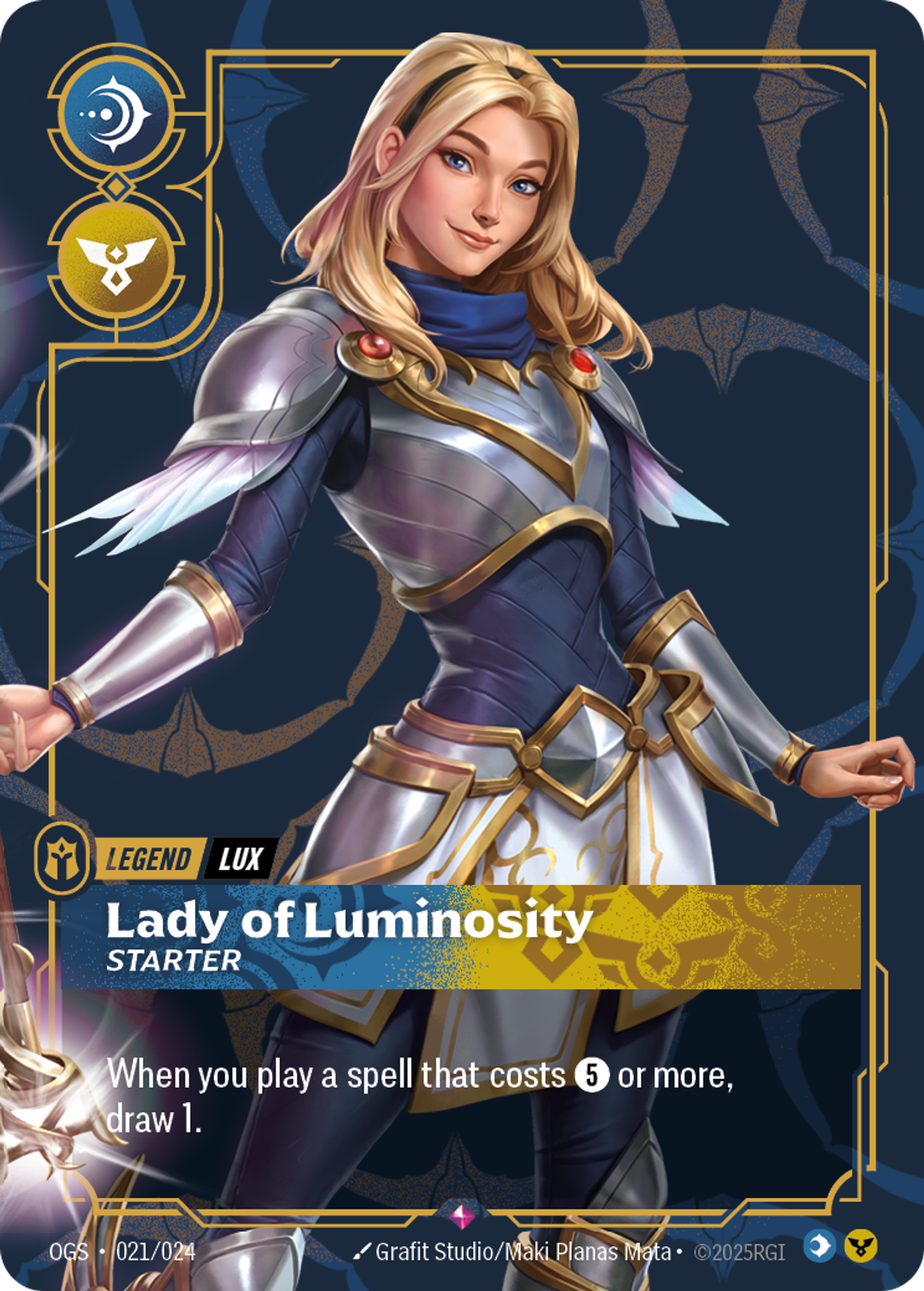 Riftbound Legend: Lady of Luminosity - Starter. When you play a spell that costs [5] or more, draw 1.