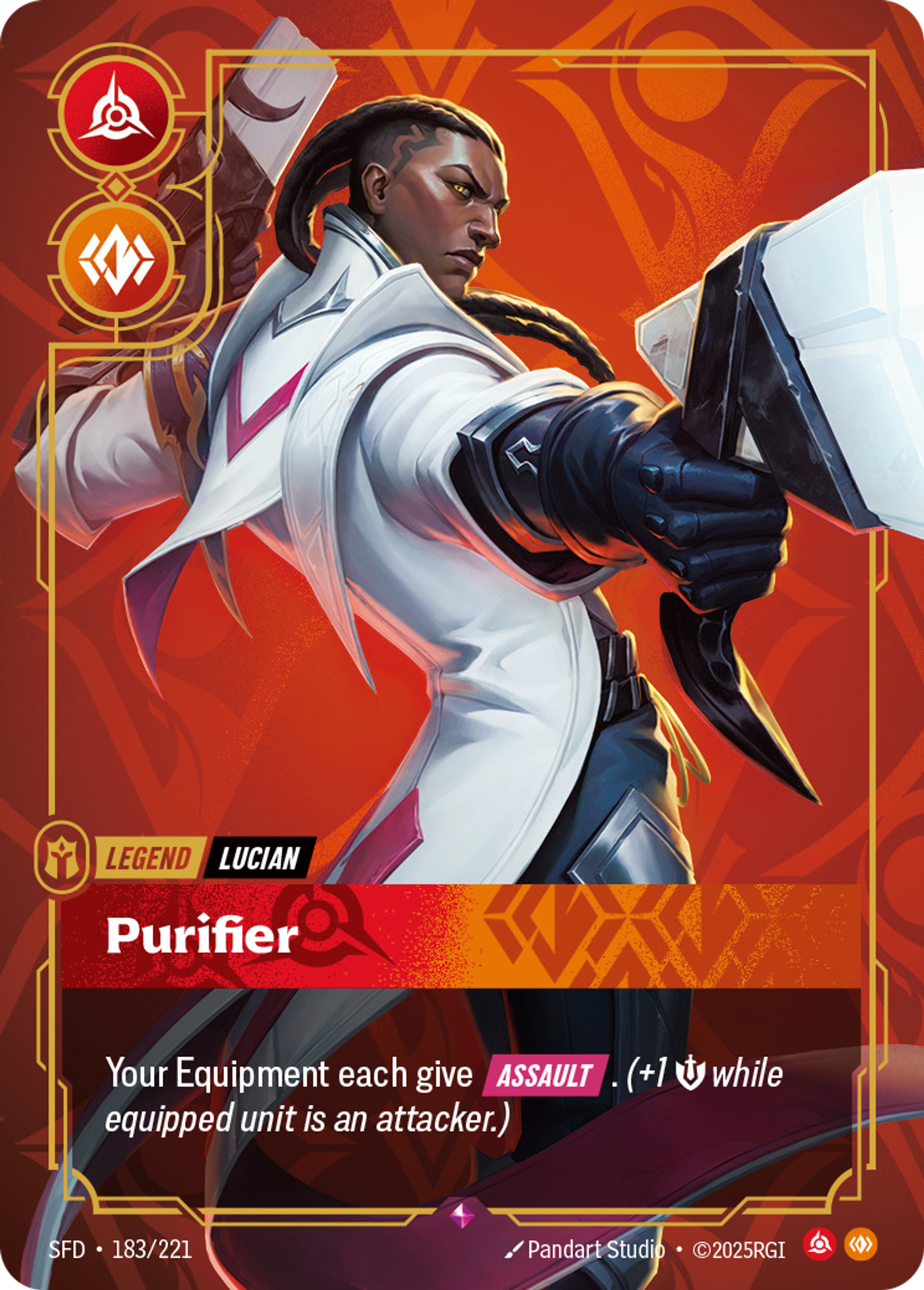 Riftbound Legend: Purifier. Your Equipment each give [Assault]. (+1 [S] while equipped unit is an attacker.)