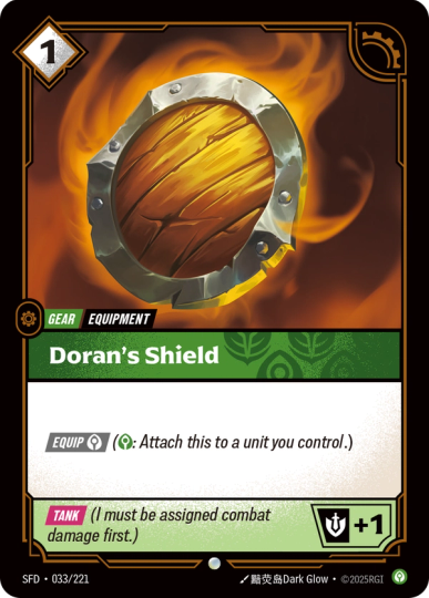 Riftbound Gear: Doran's Shield. [Equip] [C] ([C]: Attach this to a unit you control.)