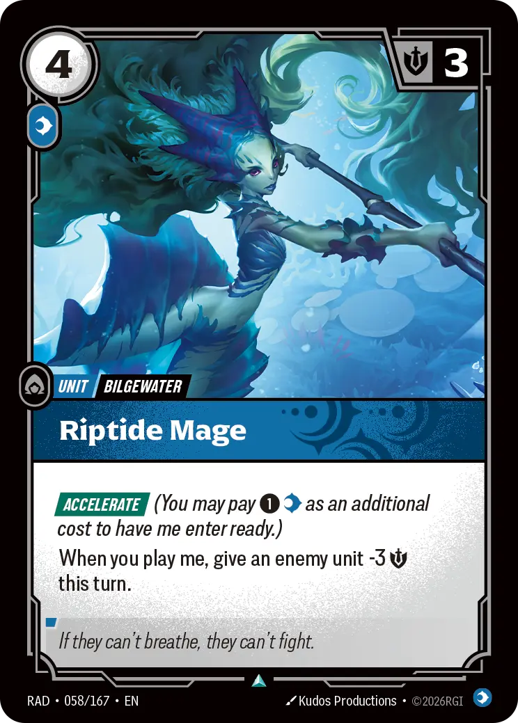 Riftbound Unit: Riptide Mage. [Accelerate] (You may pay [1][C] as an additional cost to have me enter ready.)
When you play me, give an enemy unit -3 [S] this turn.