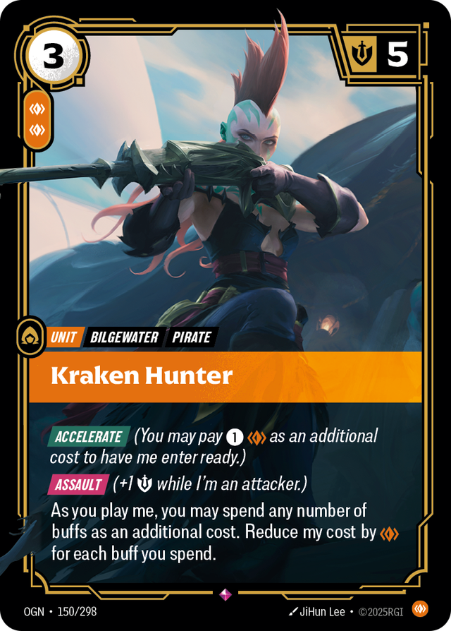 Riftbound Unit: Kraken Hunter. [Accelerate] (You may pay [1][C] as an additional cost to have me enter ready.)
[Assault] (+1 [S] while I'm an attacker.)
As you play me, you may spend any number of buffs as an additional cost. Reduce my cost by [C] for each buff you spend.