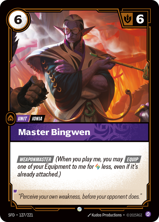 Riftbound Unit: Master Bingwen. [Weaponmaster] (When you play me, you may [Equip] one of your Equipment to me for [A] less, even if it's already attached.)