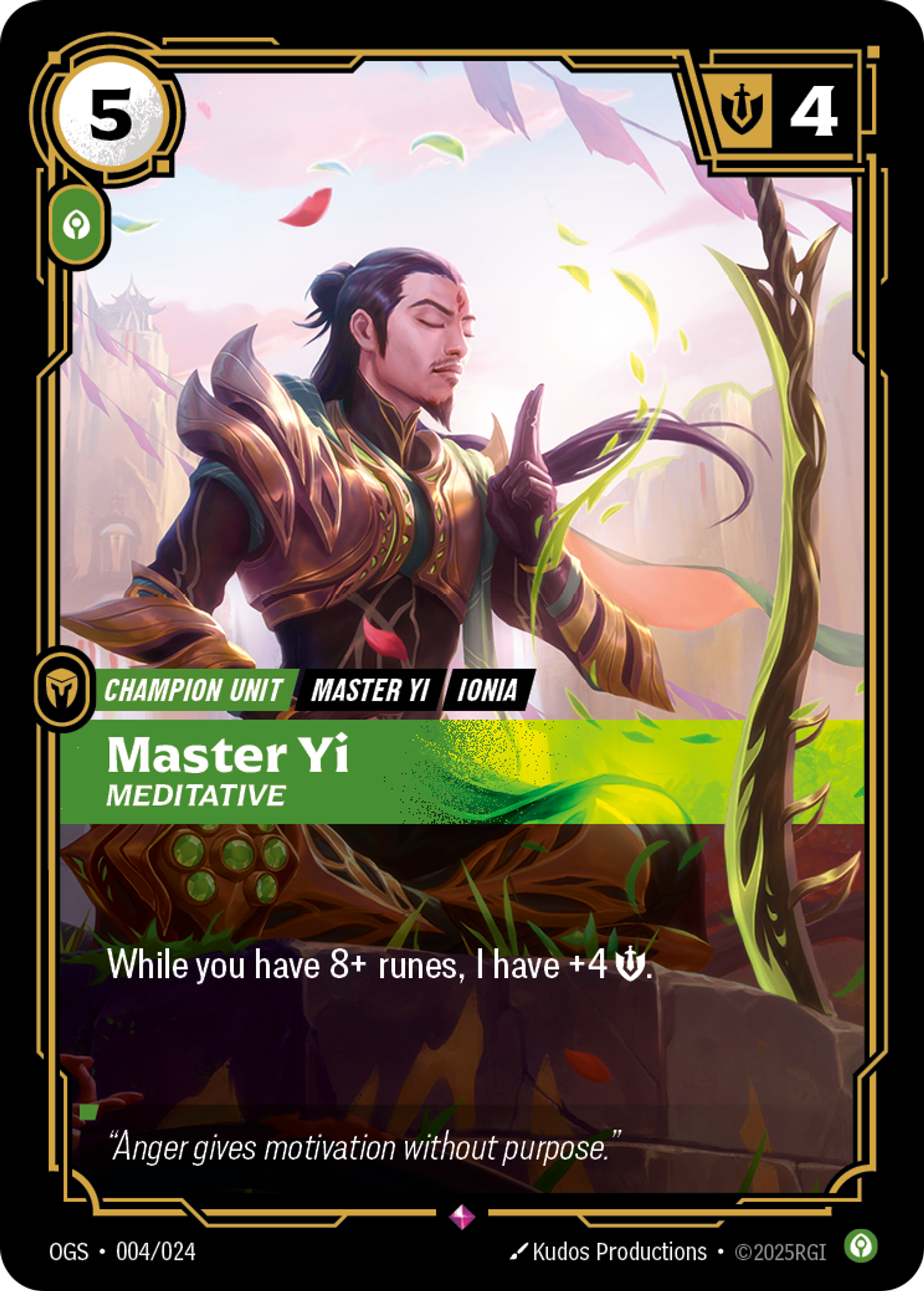 Riftbound Unit: Yi, Meditative. While you have 8+ runes, I have +4 [S].
