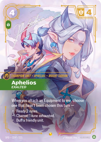 Riftbound Unit: Aphelios, Exalted. When you attach an Equipment to me, choose one that hasn't been chosen this turn —
- Ready 2 runes.
- Channel 1 rune exhausted.
- Buff a friendly unit.