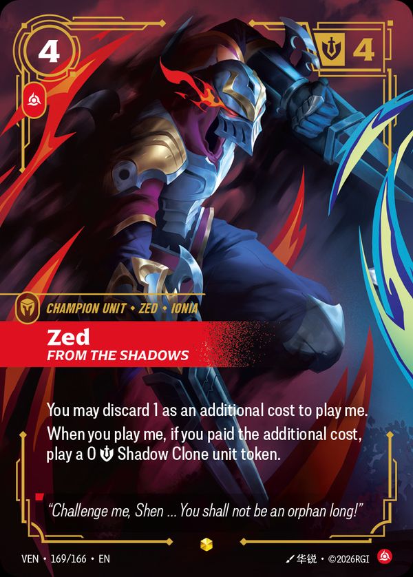 Zed, From the Shadows (Overnumbered) — Riftbound card