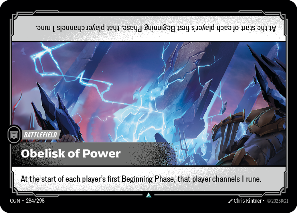 Riftbound Battlefield: Obelisk of Power. At the start of each player's first Beginning Phase, that player channels 1 rune.