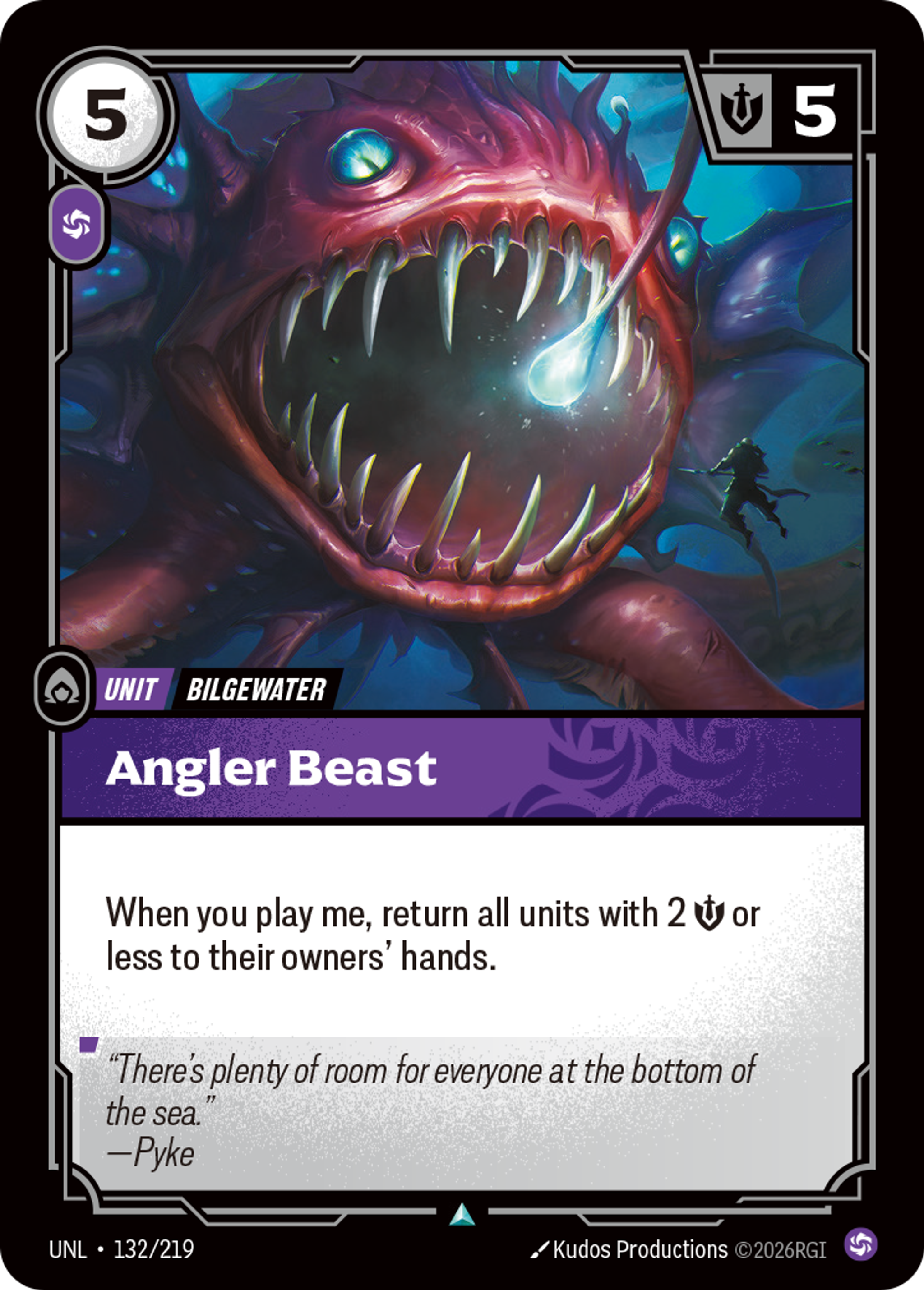 Riftbound Unit: Angler Beast. When you play me, return all units with 2 [S] or less to their owners' hands.