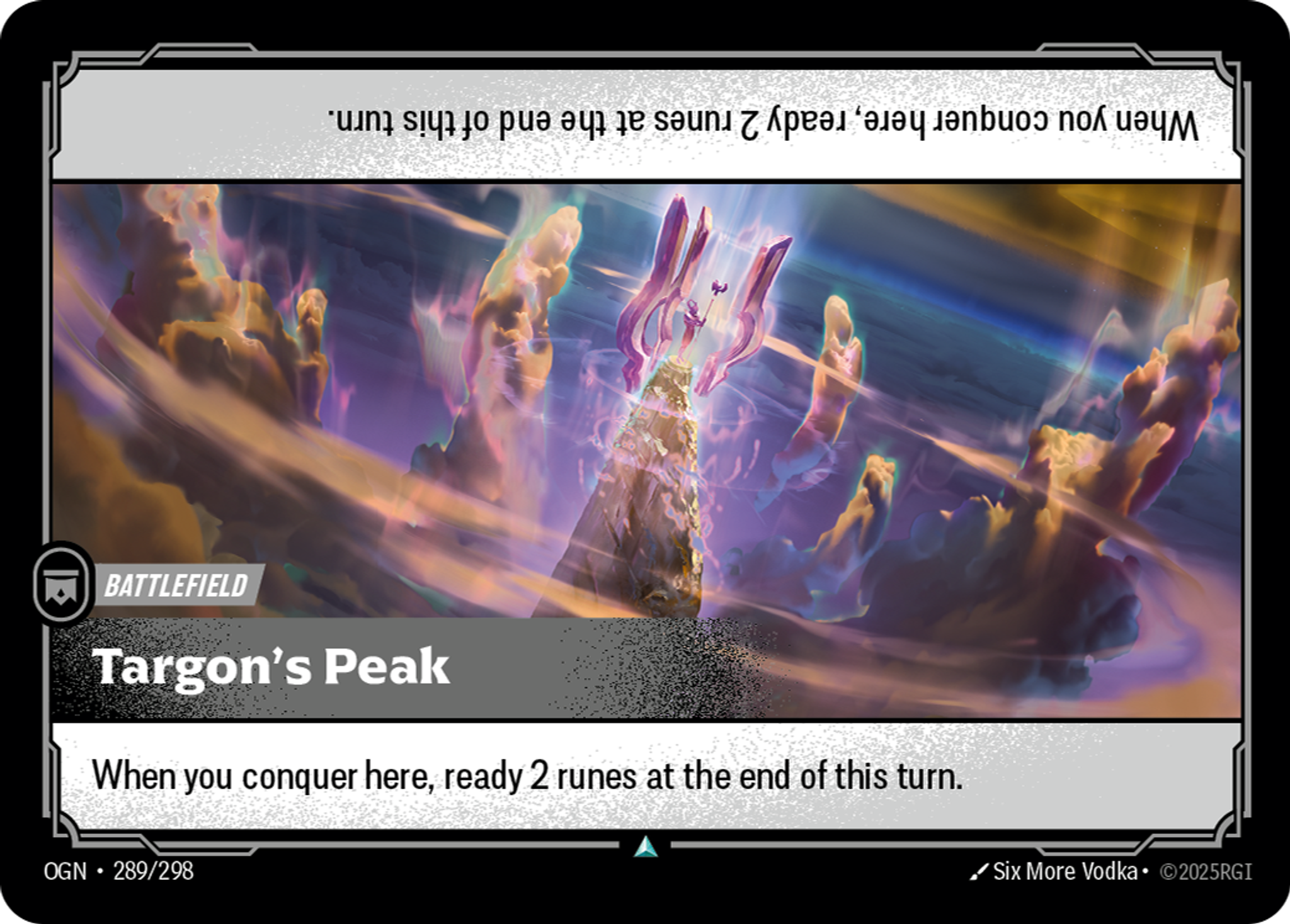 Riftbound Battlefield: Targon's Peak. When you conquer here, ready up to 2 runes at the end of this turn.