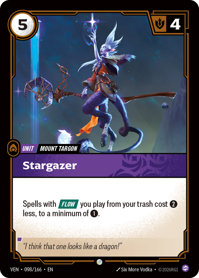 Riftbound Unit: Stargazer. Spells with [Flow] you play from your trash cost [2] less, to a minimum of [1].