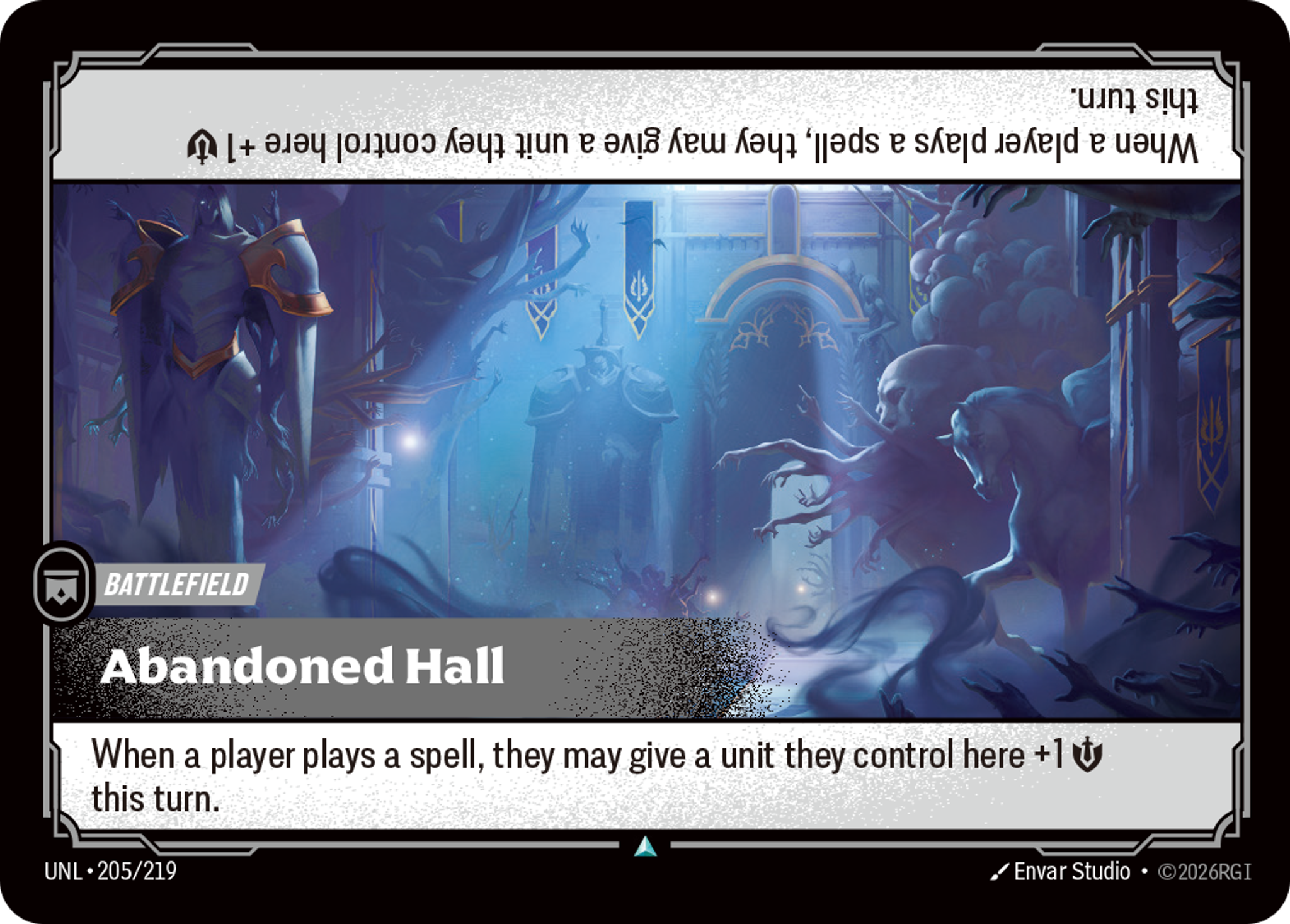 Riftbound Battlefield: Abandoned Hall. When a player plays a spell, they may give a unit they control here +1 [S] this turn.