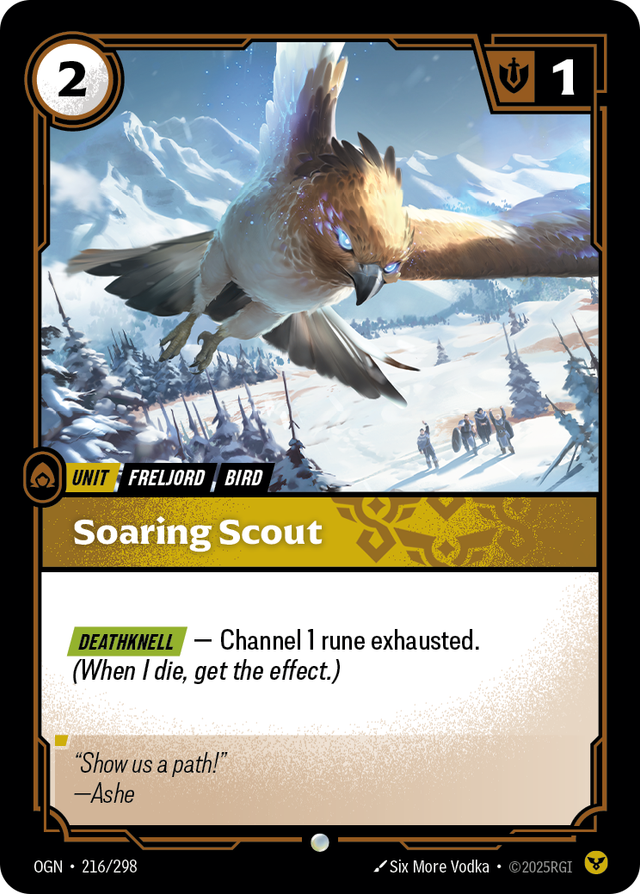 Riftbound Unit: Soaring Scout. [Deathknell] — Channel 1 rune exhausted. (When I die, get the effect.)