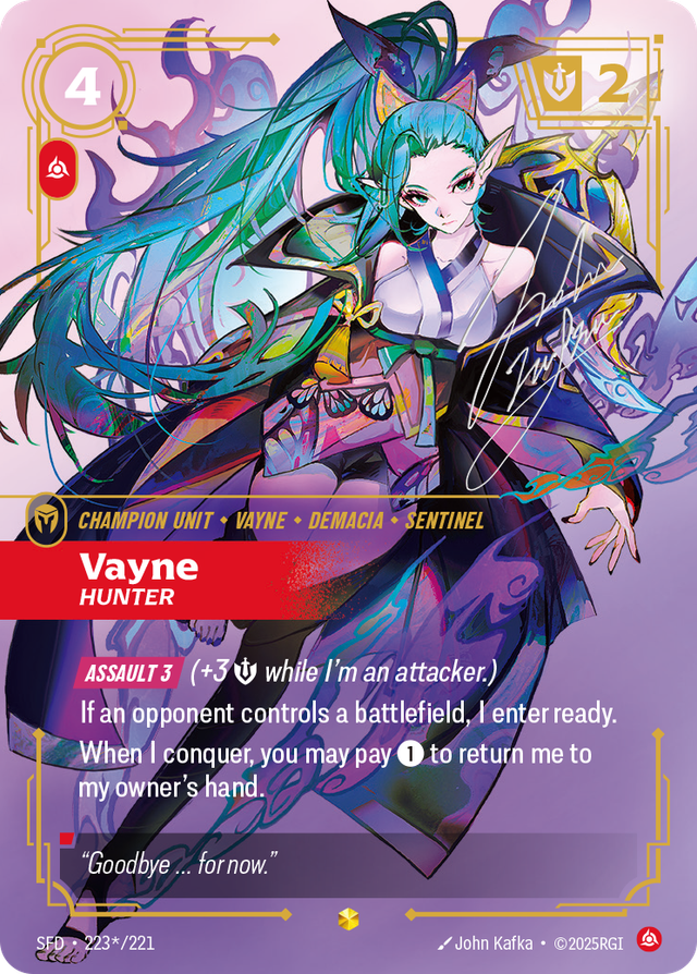 Riftbound Unit: Vayne, Hunter. [Assault 3] (+3 [S] while I'm an attacker.)
If an opponent controls a battlefield, I enter ready.
When I conquer, you may pay [1] to return me to my owner's hand.