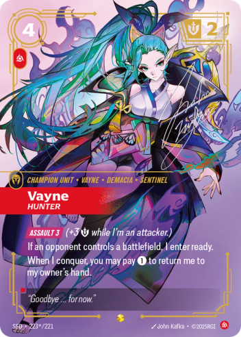 Riftbound Unit: Vayne, Hunter. [Assault 3] (+3 [S] while I'm an attacker.)
If an opponent controls a battlefield, I enter ready.
When I conquer, you may pay [1] to return me to my owner's hand.