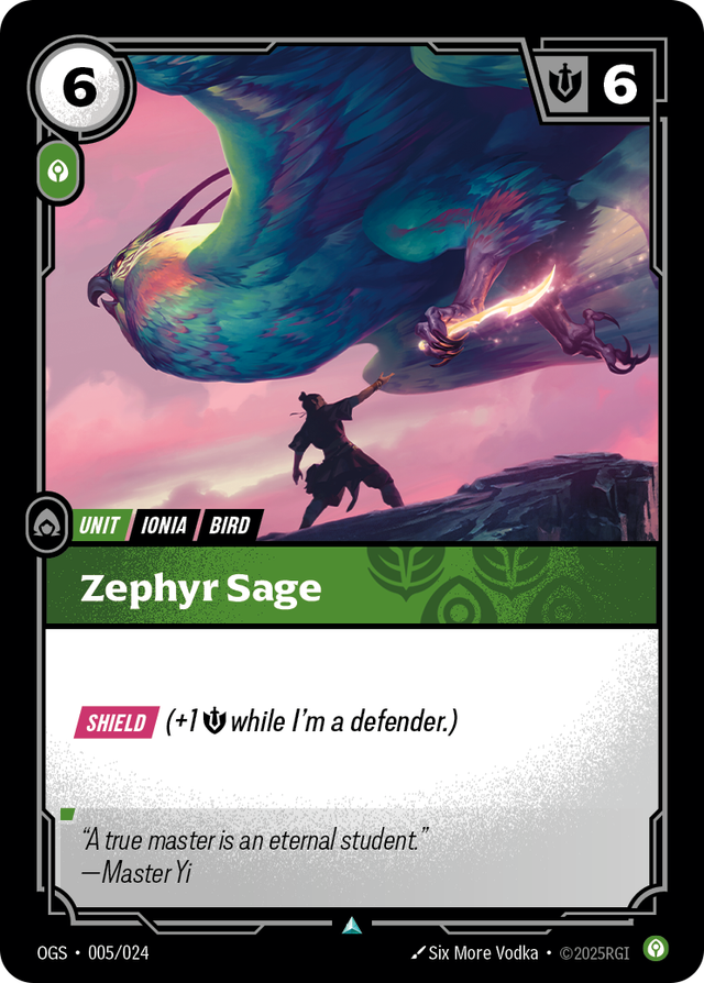 Riftbound Unit: Zephyr Sage. [Shield] (+1 [S] while I'm a defender.)