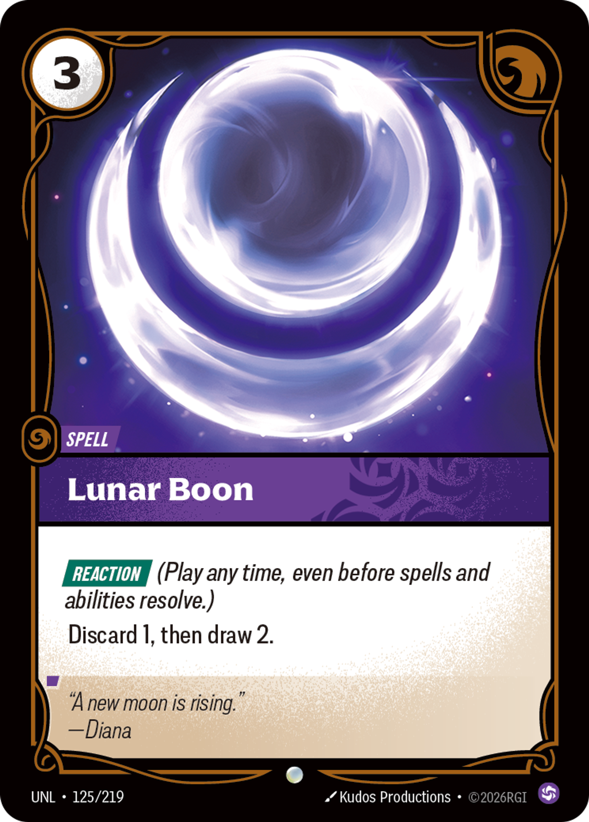 Riftbound Spell: Lunar Boon. [Reaction] (Play any time, even before spells and abilities resolve.)
Discard 1, then draw 2.