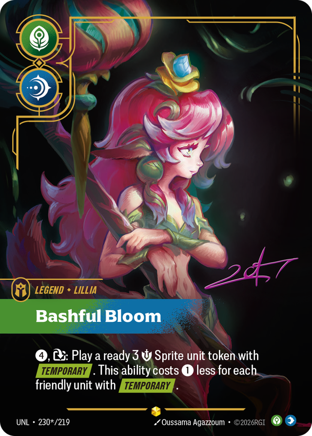Riftbound Legend: Bashful Bloom. [4], [T]: Play a ready 3 [S] Sprite unit token with [Temporary]. This ability costs [1] less for each friendly unit with [Temporary].