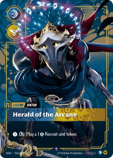 The Herald of the Arcane card from Riftbound. It's a Mind/Order Viktor Legend with the ability to make a 1 Might Recruit unit token by paying 1 Energy and exhausting it.
