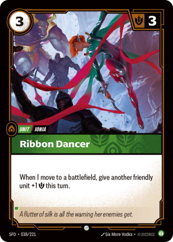 Riftbound Unit: Ribbon Dancer. When I move to a battlefield, give another friendly unit +1 [S] this turn.