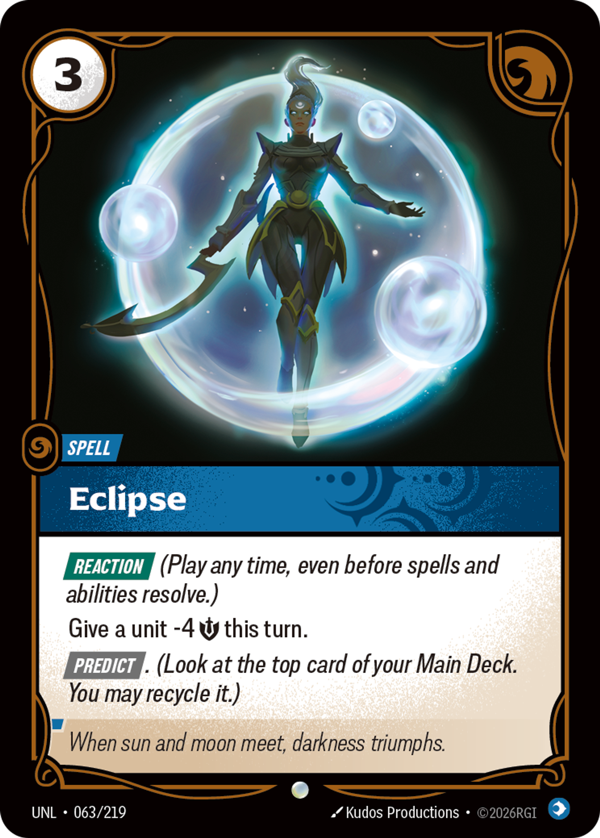 Riftbound Spell: Eclipse. [Reaction] (Play any time, even before spells and abilities resolve.)
Give a unit -4 [S] this turn.
[Predict]. (Look at the top card of your Main Deck. You may recycle it.)