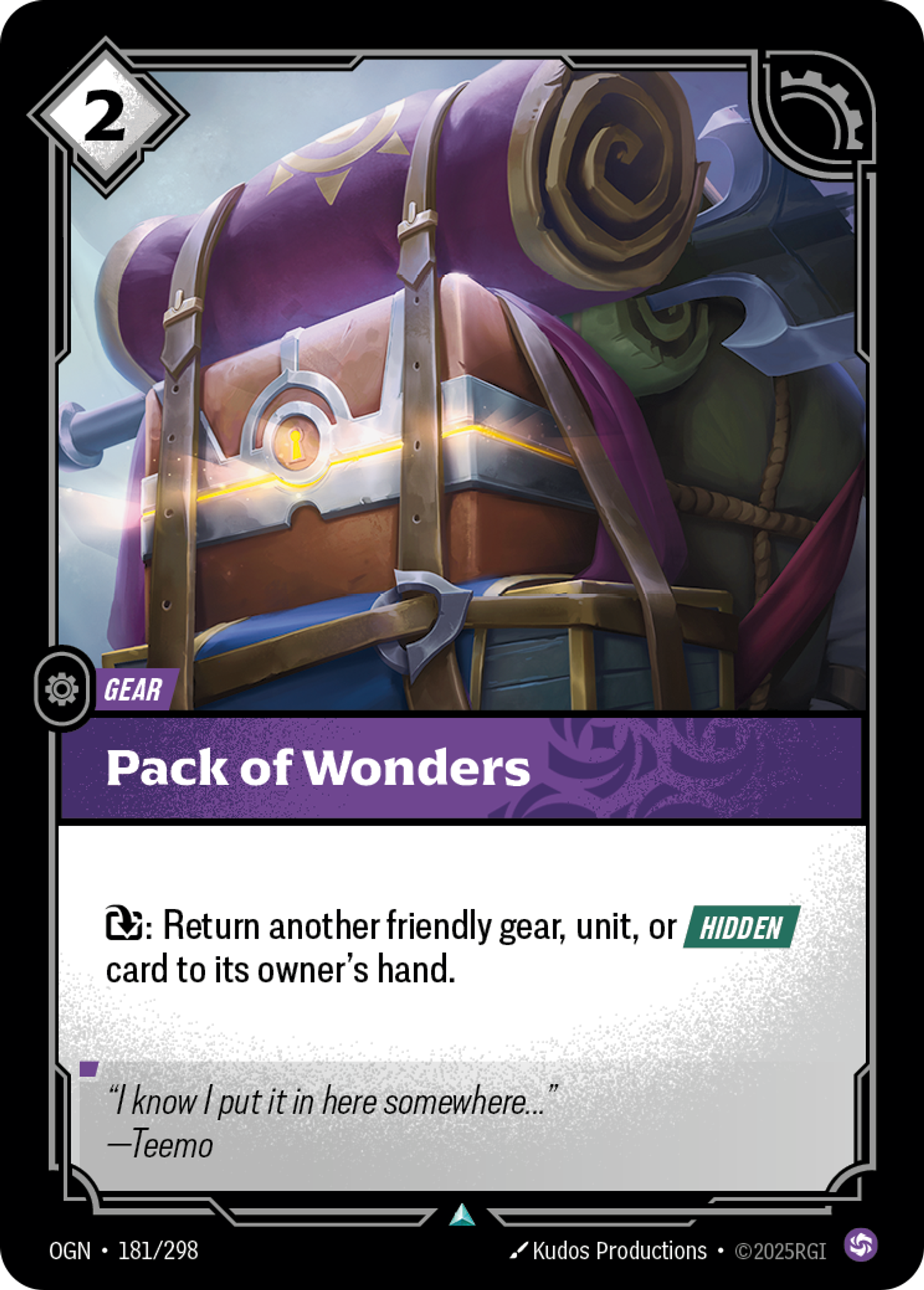 Riftbound Gear: Pack of Wonders. [E]: Return another friendly gear, unit, or facedown card to its owner's hand.