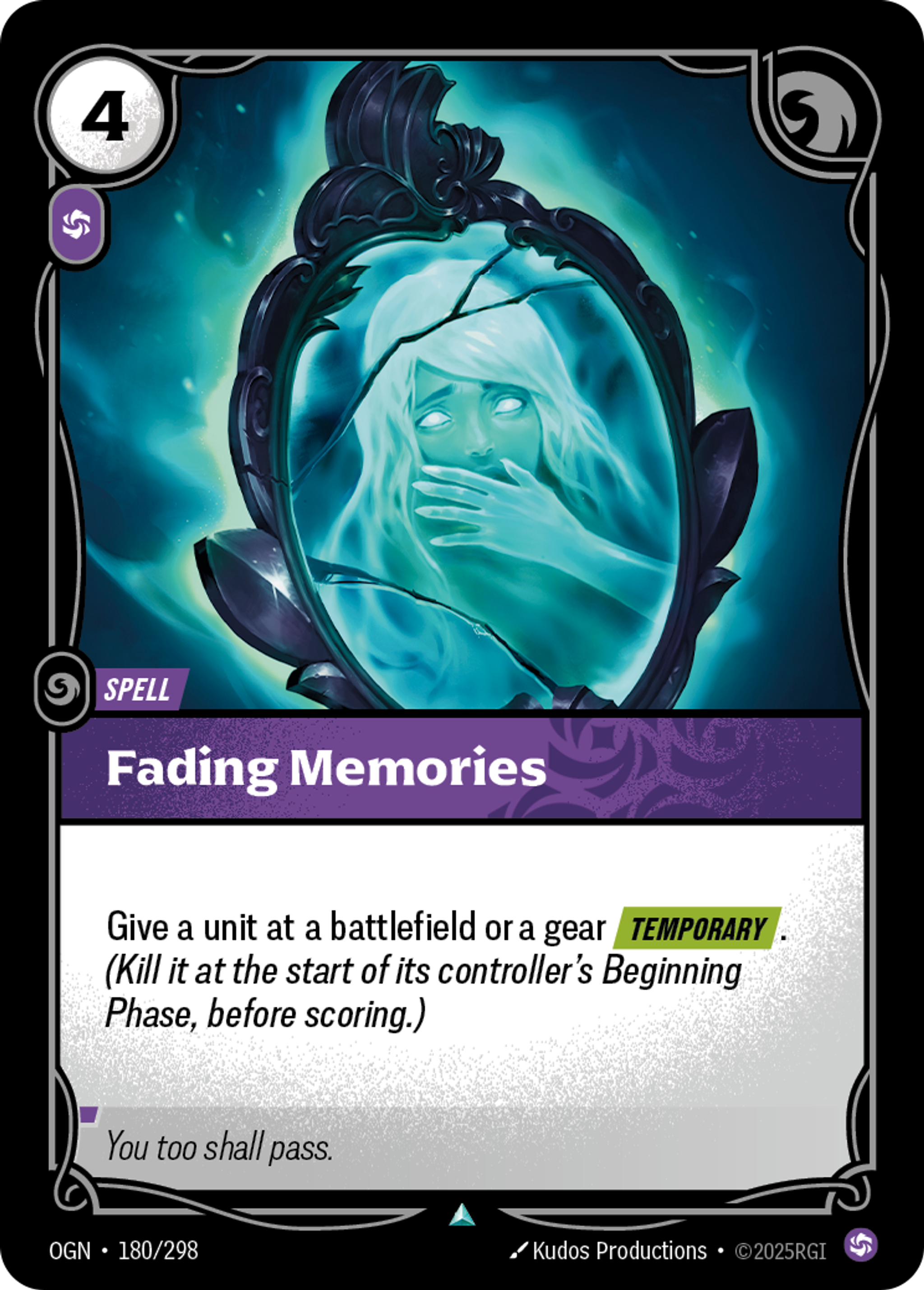 Riftbound Spell: Fading Memories. Give a unit at a battlefield or a gear [Temporary]. (Kill it at the start of its controller's Beginning Phase, before scoring.)