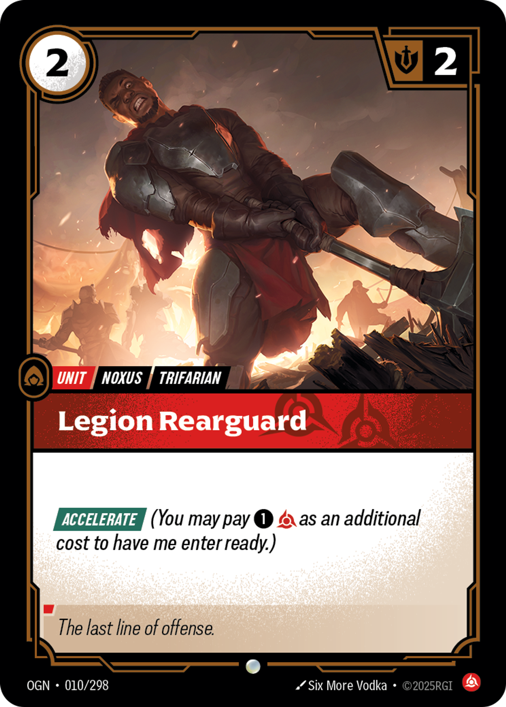 Riftbound Unit: Legion Rearguard. [Accelerate] (You may pay [1][C] as an additional cost to have me enter ready.)
