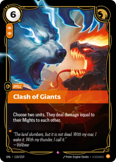 Riftbound Spell: Clash of Giants. Choose two units. They deal damage equal to their Mights to each other.