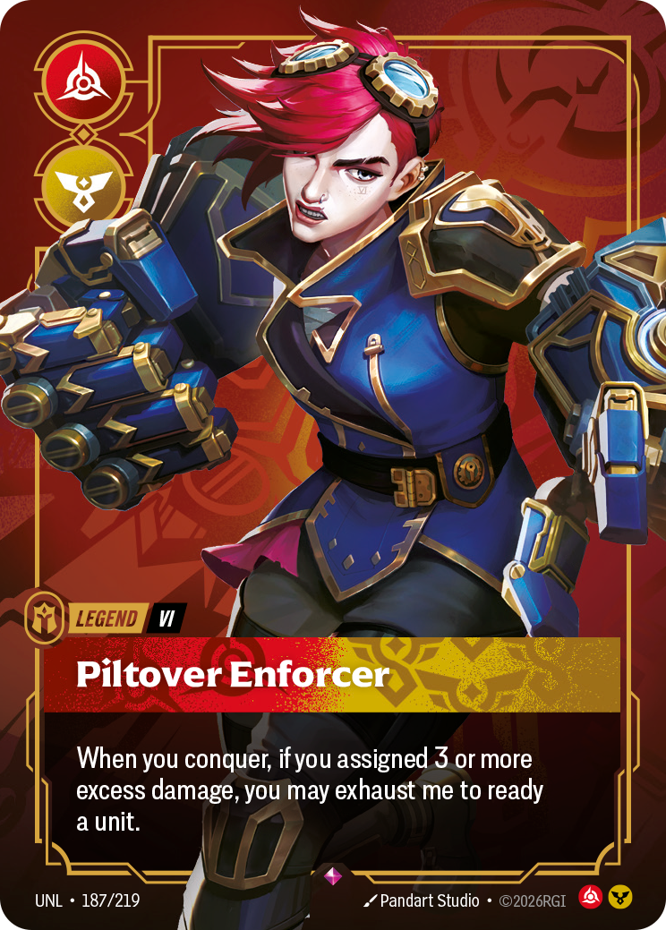 Riftbound Legend: Piltover Enforcer. When you conquer, if you assigned 3 or more excess damage, you may exhaust me to ready a unit.