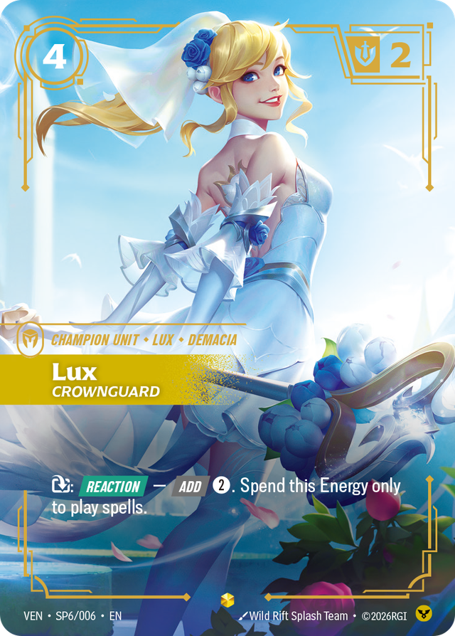 Riftbound Unit: Lux, Crownguard. [T]: [Reaction] — [Add] [2]. Spend this Energy only to play spells.
