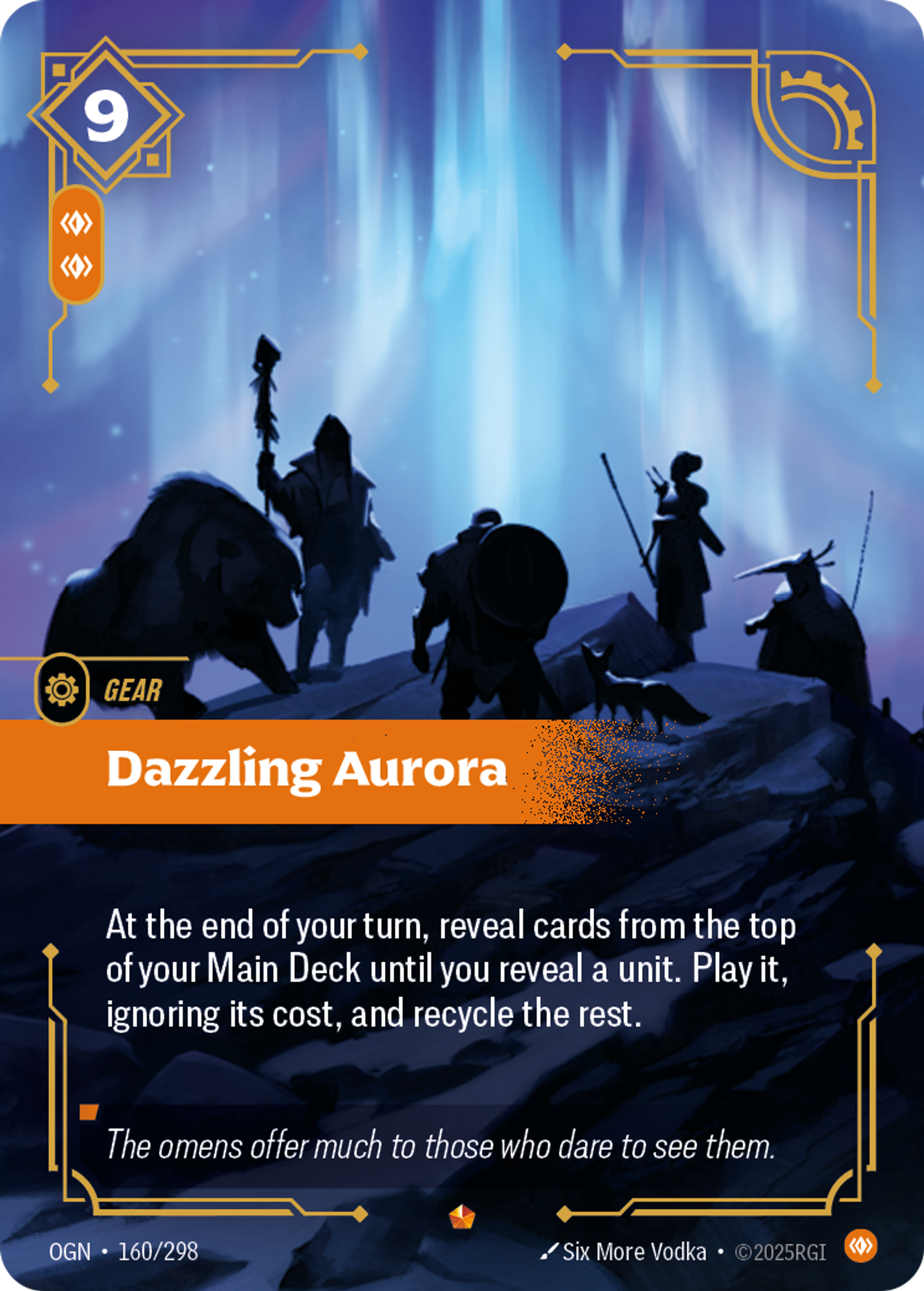 Riftbound Gear: Dazzling Aurora. At the end of your turn, reveal cards from the top of your Main Deck until you reveal a unit and banish it. Play it, ignoring its cost, and recycle the rest.