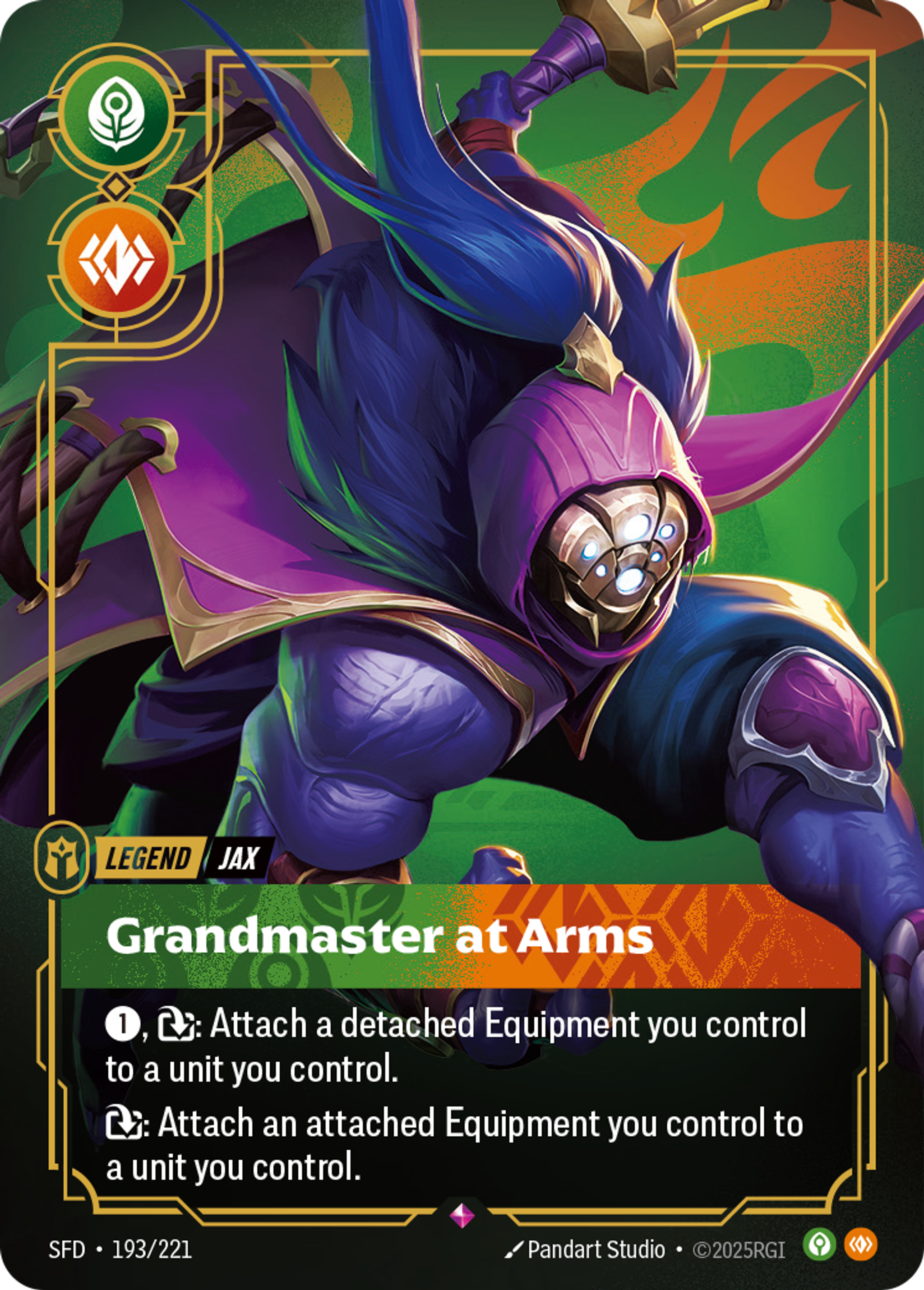 Riftbound Legend: Grandmaster at Arms. [1], [T]: Attach a detached Equipment you control to a unit you control.
[T]: Attach an attached Equipment you control to a unit you control.