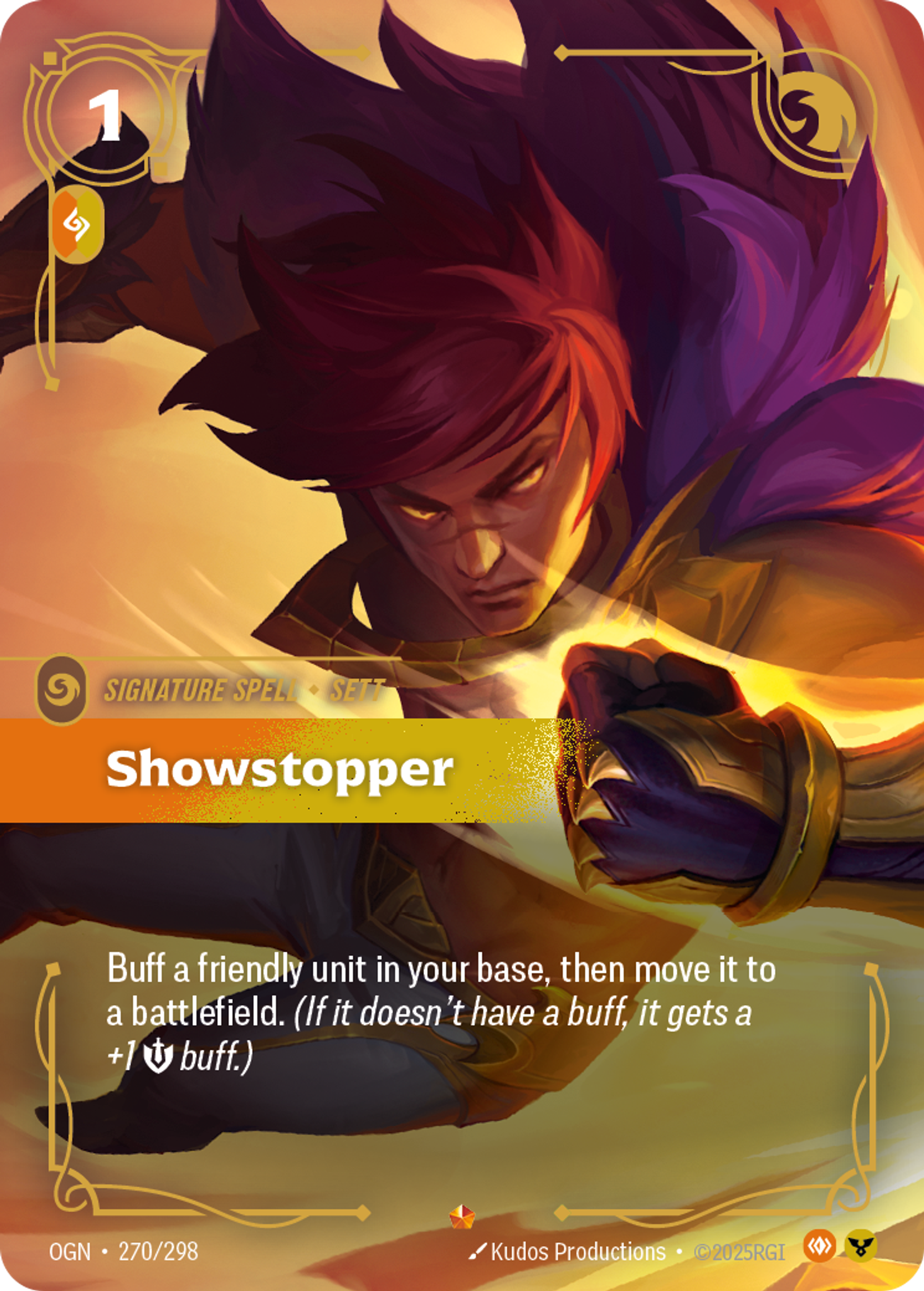 Riftbound Spell: Showstopper. Buff a friendly unit in your base, then move it to a battlefield. (If it doesn't have a buff, it gets a +1 [S] buff.)