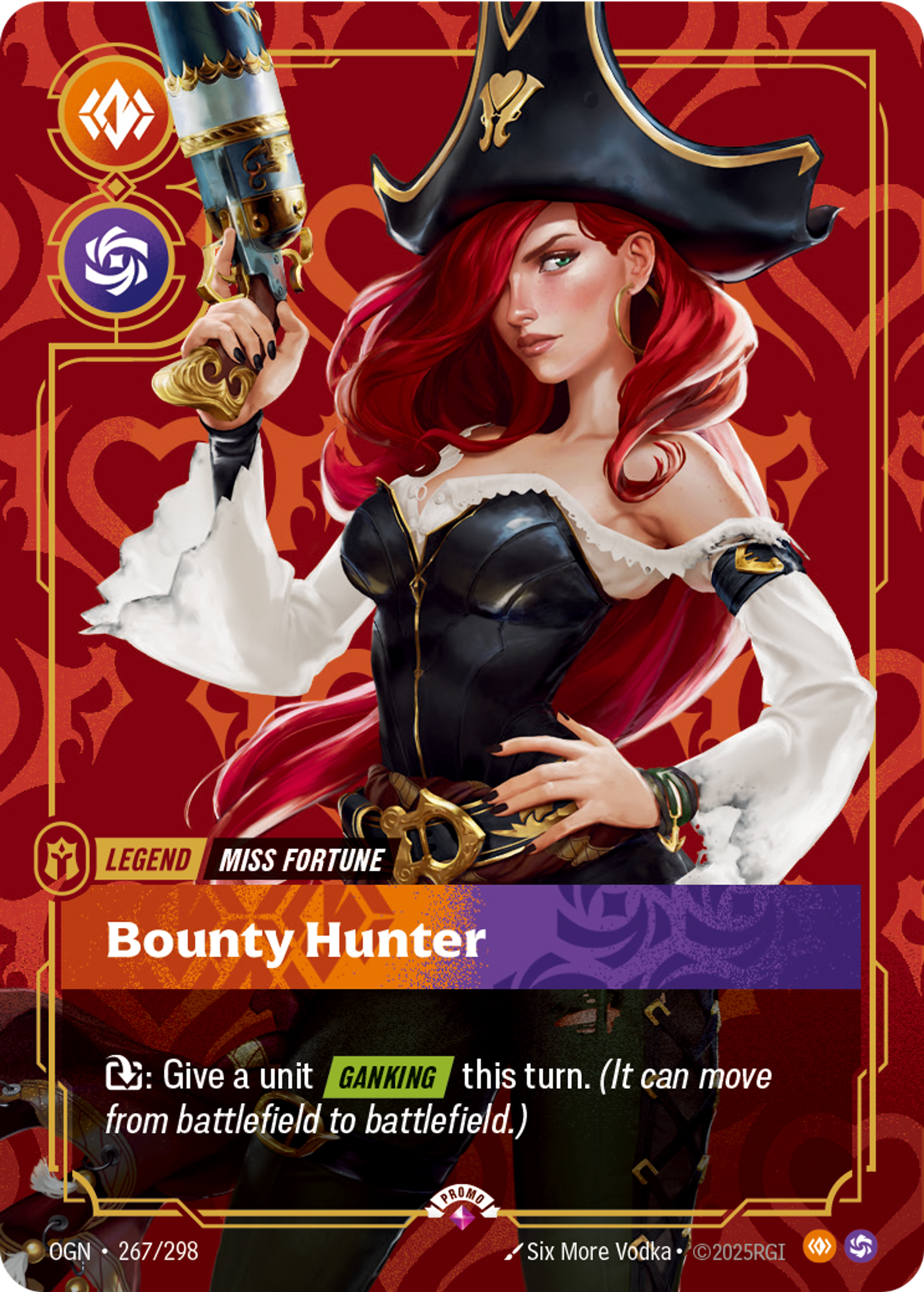 Riftbound Legend: Bounty Hunter. [T]: Give a unit [Ganking] this turn. (It can move from battlefield to battlefield.)