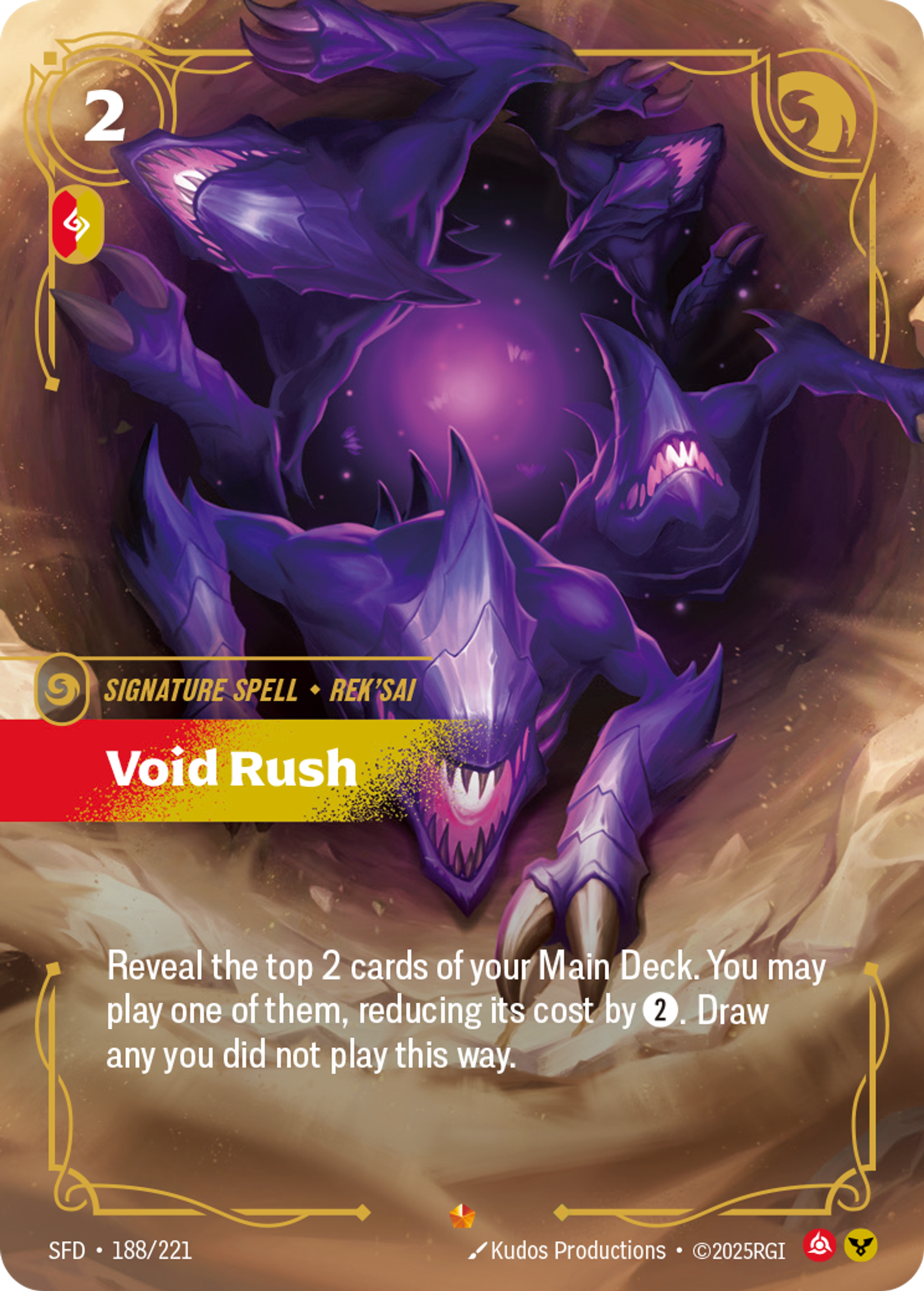 Riftbound Spell: Void Rush. Reveal the top 2 cards of your Main Deck. You may banish one, then play it, reducing its cost by [2]. Draw any you didn't banish.