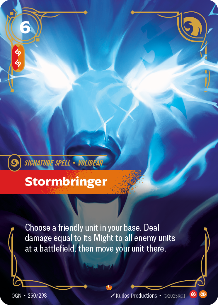 Riftbound Spell: Stormbringer. Choose a friendly unit in your base. Deal damage equal to its Might to all enemy units at a battlefield, then move your unit there.