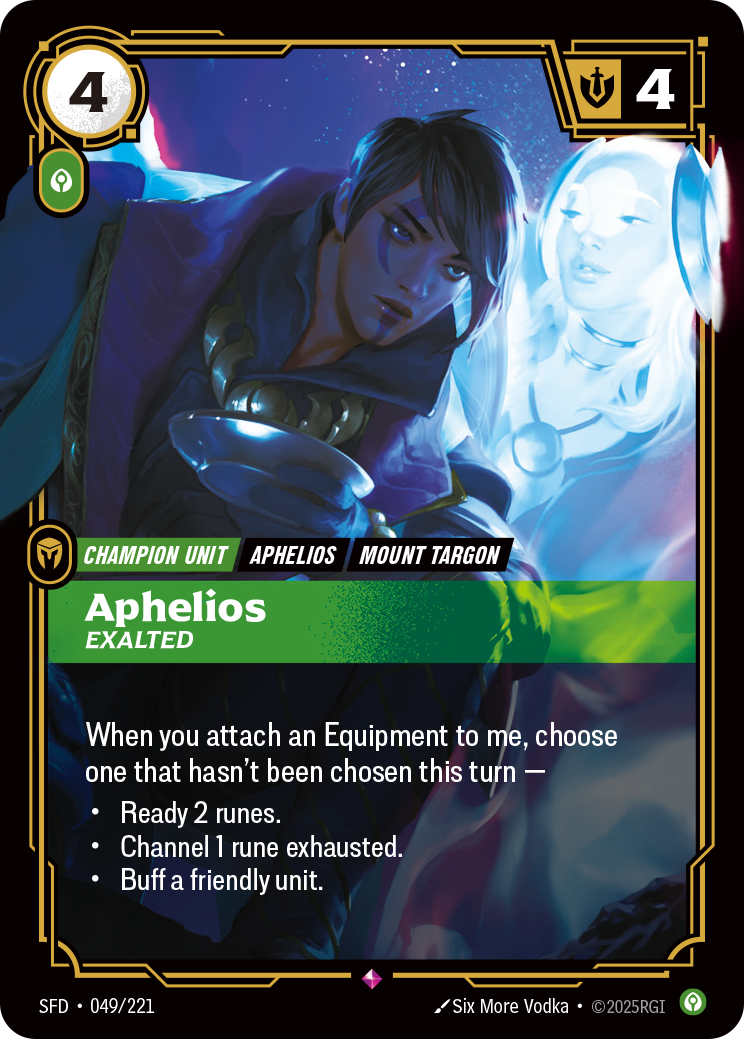 Riftbound Unit: Aphelios, Exalted. When you attach an Equipment to me, choose one that hasn't been chosen this turn —
- Ready 2 runes.
- Channel 1 rune exhausted.
- Buff a friendly unit.