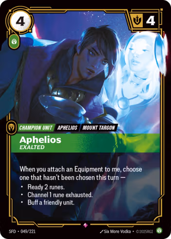 Riftbound Unit: Aphelios, Exalted. When you attach an Equipment to me, choose one that hasn't been chosen this turn —
- Ready 2 runes.
- Channel 1 rune exhausted.
- Buff a friendly unit.